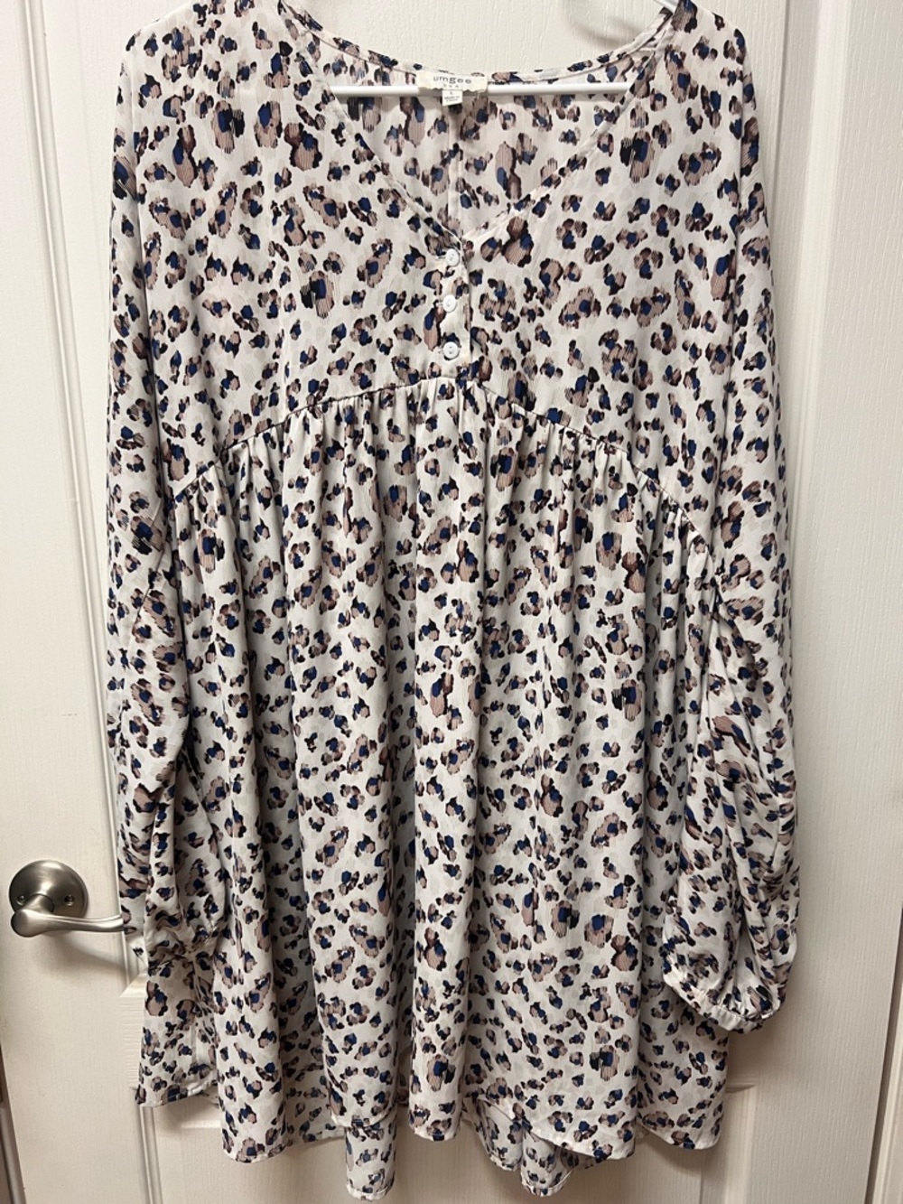 Umgee White Leopard Print Tunic with Brown & Navy Spots